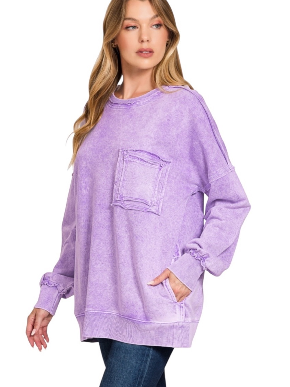 Zenana Lavender French Terry Cotton V Neck Long Sleeve Sweatshirt